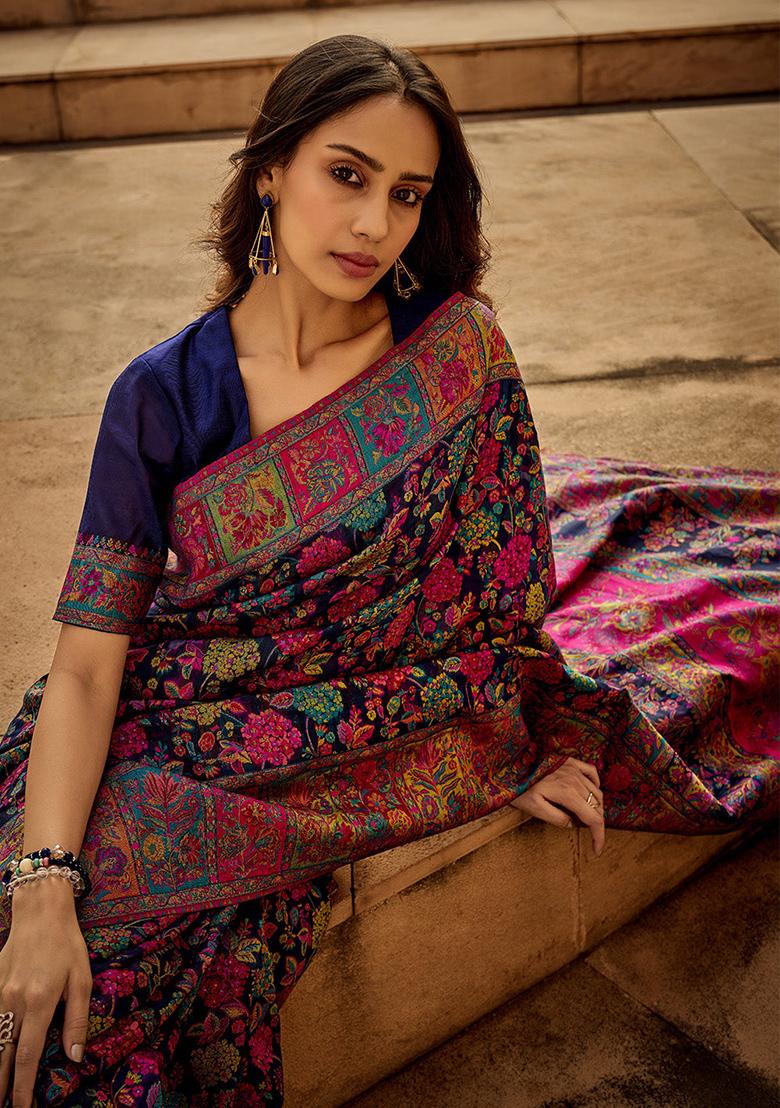 Blue Solid Poly Blend Saree Set