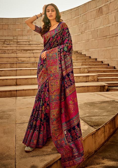 Blue Solid Poly Blend Saree Set