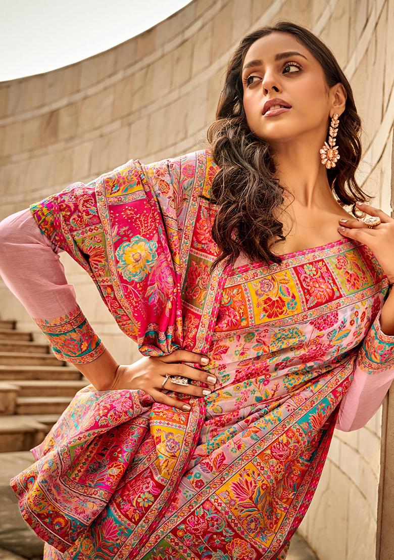 Pink Solid Poly Blend Saree Set