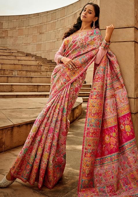 Pink Solid Poly Blend Saree Set