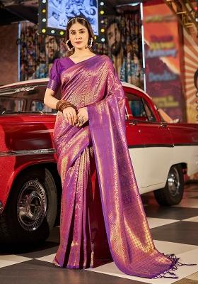 Purple Solid Silk Saree Set