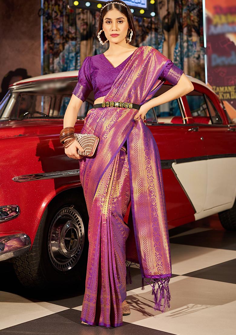 Purple Solid Silk Saree Set