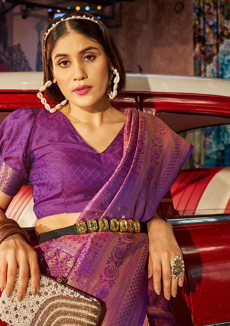 Purple Solid Silk Saree Set