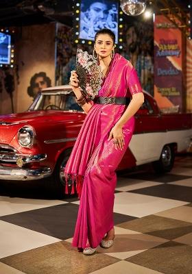 Pink Solid Silk Saree Set