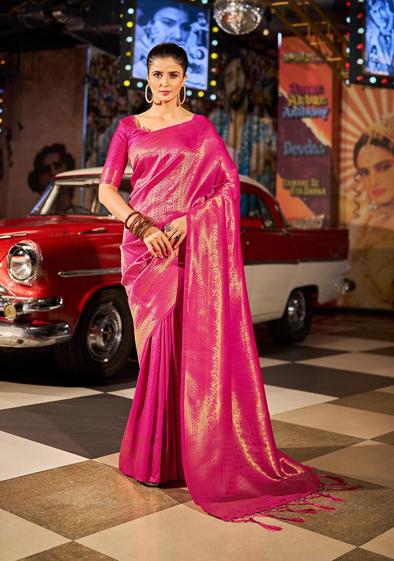 Pink Solid Silk Saree Set
