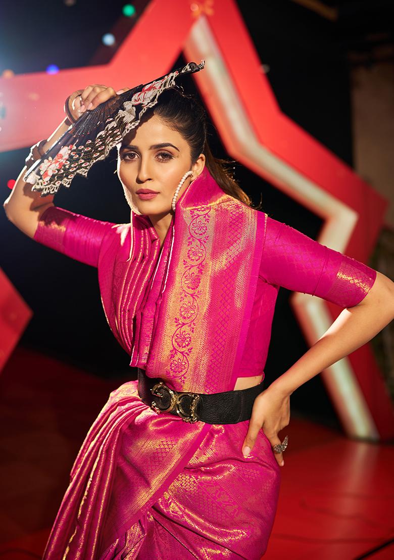 Pink Solid Silk Saree Set