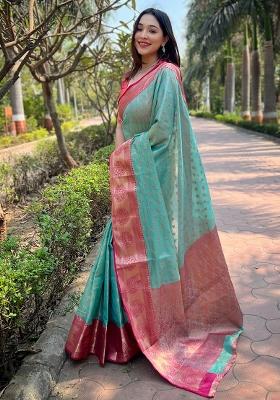 Blue Solid Silk Saree Set