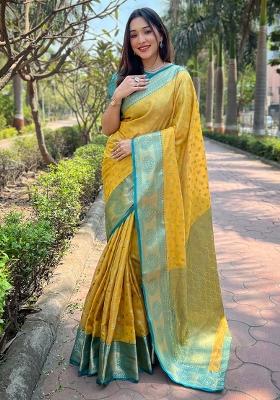Yellow Solid Silk Saree Set