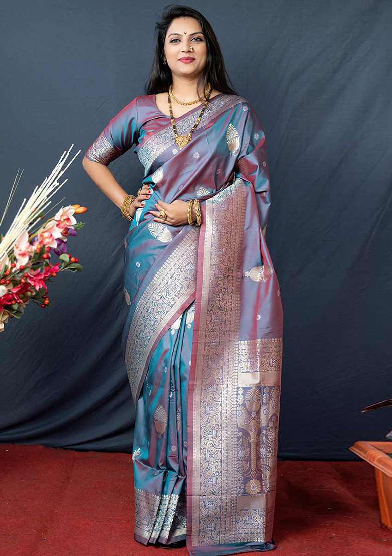 Grey Solid Silk Blend Saree Set for Diwali and Festive Wear - Indya