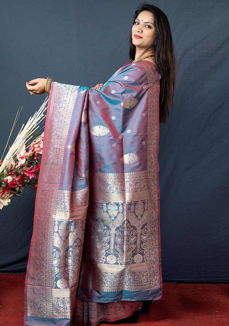 Grey Solid Silk Blend Saree Set