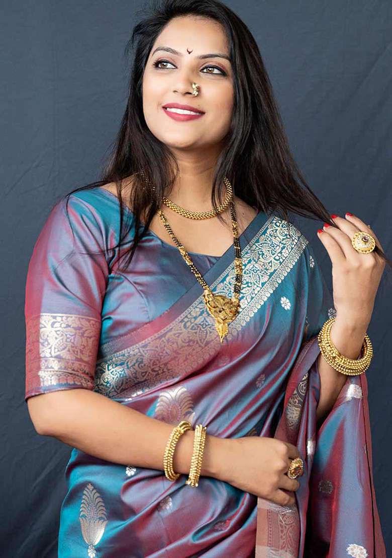 Grey Solid Silk Blend Saree Set for Diwali and Festive Wear - Indya