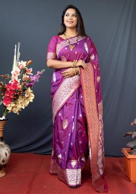 Pink Solid Silk Blend Saree Set