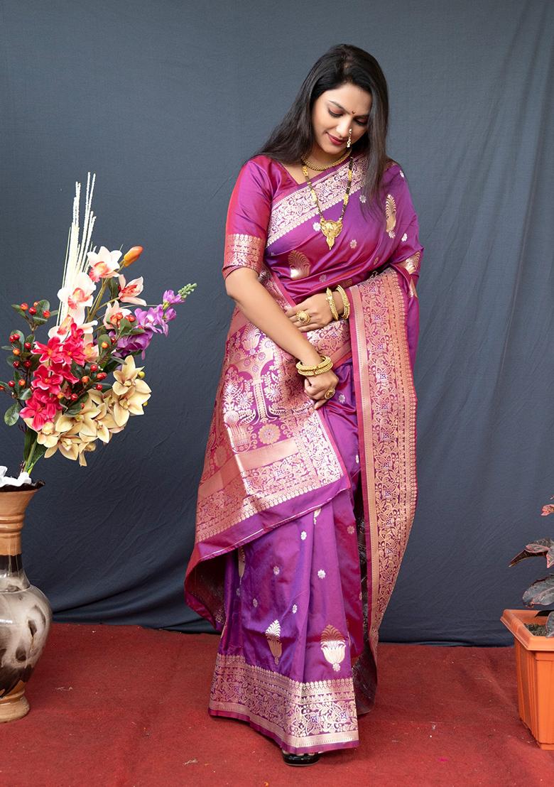 Pink Solid Silk Blend Saree Set