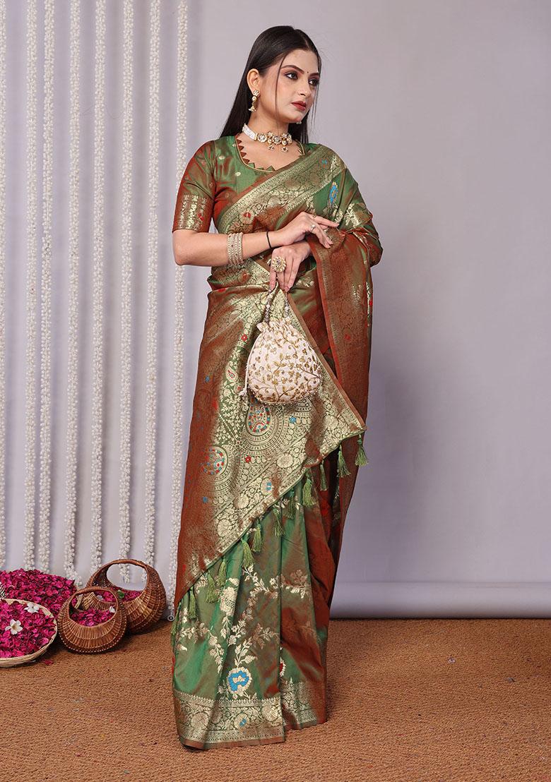 Green Solid Silk Blend Saree Set