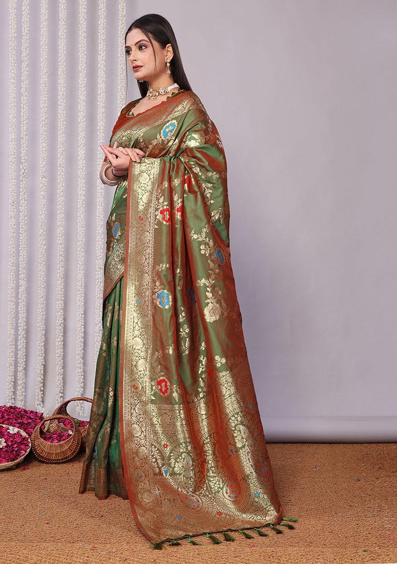 Green Solid Silk Blend Saree Set