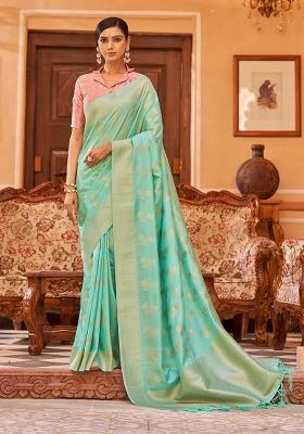 Green Solid Silk Blend Saree Set