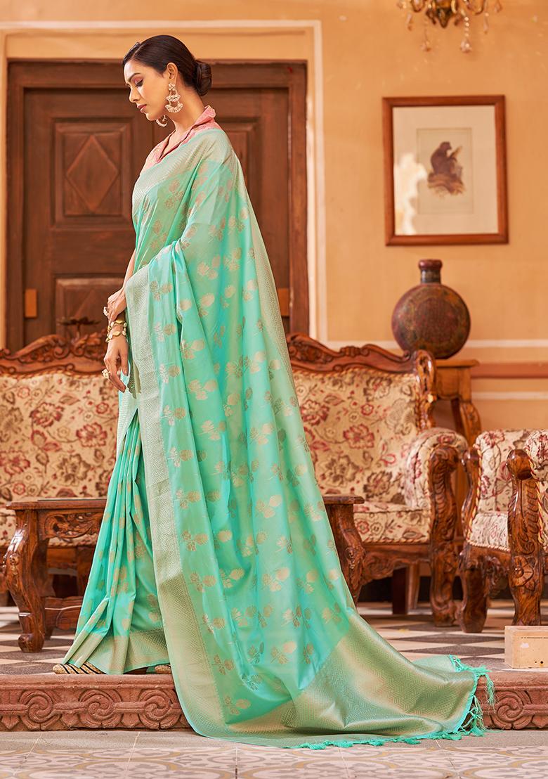 Green Solid Silk Blend Saree Set