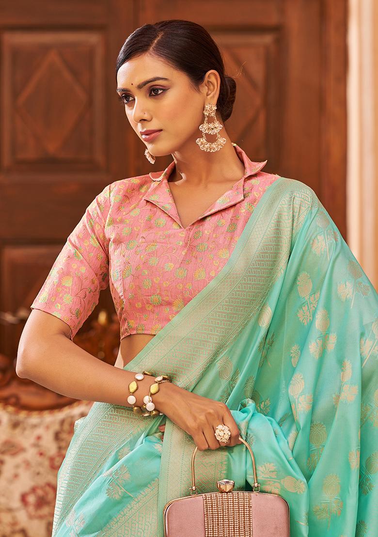 Green Solid Silk Blend Saree Set