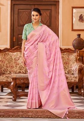 Pink Solid Silk Blend Saree Set