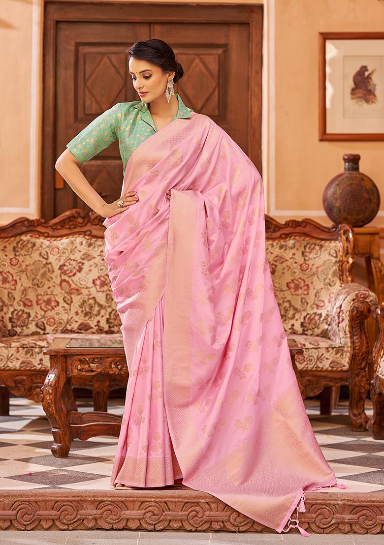 Pink Solid Silk Blend Saree Set