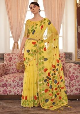 Yellow Solid Cotton Saree Set