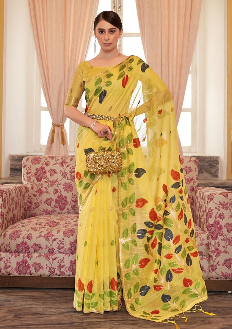Yellow Solid Cotton Saree Set