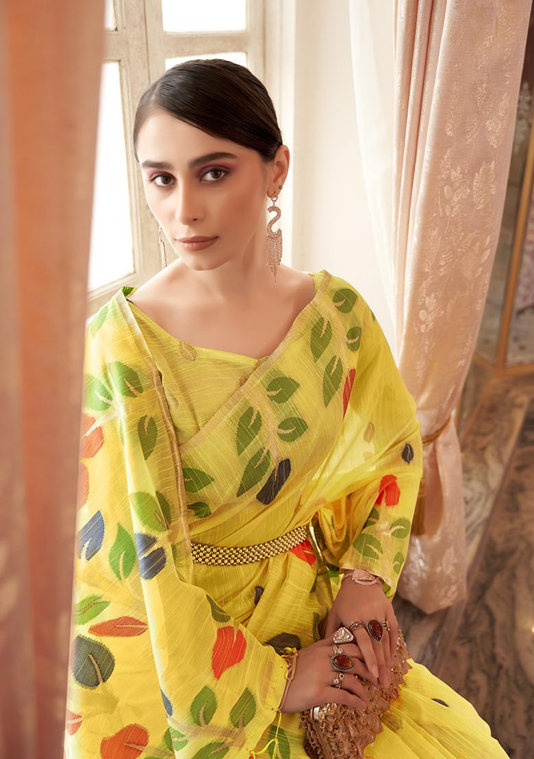 Yellow Solid Cotton Saree Set