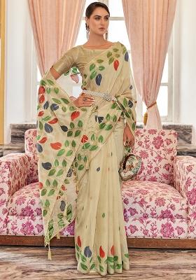 Cream Solid Cotton Saree Set