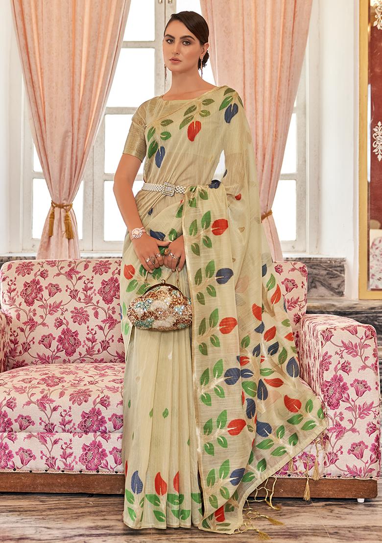 Cream Solid Cotton Saree Set