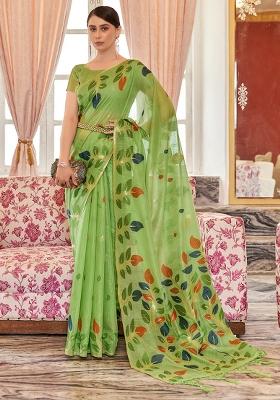 Green Solid Cotton Saree Set