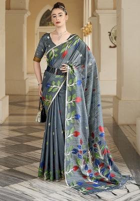Grey Solid Cotton Saree Set