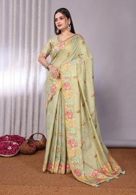 Cream Solid Tissue Saree Set