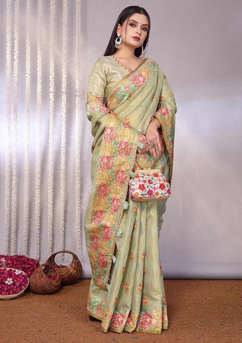 Cream Solid Tissue Saree Set