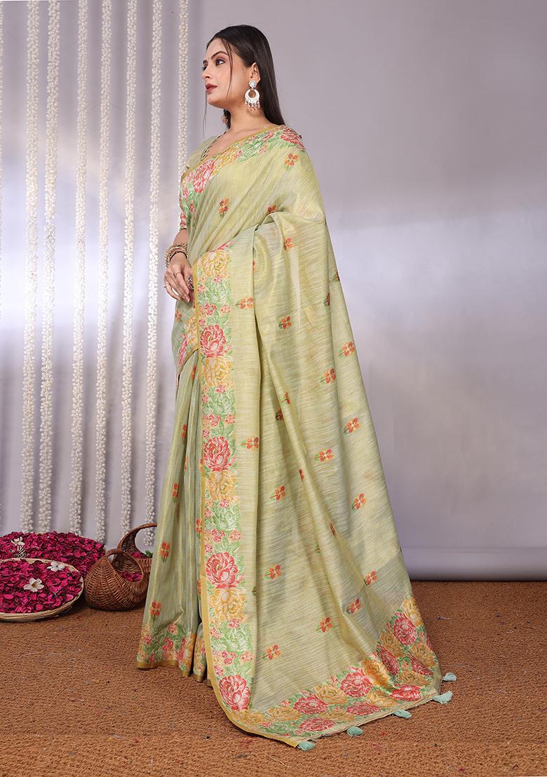 Cream Solid Tissue Saree Set