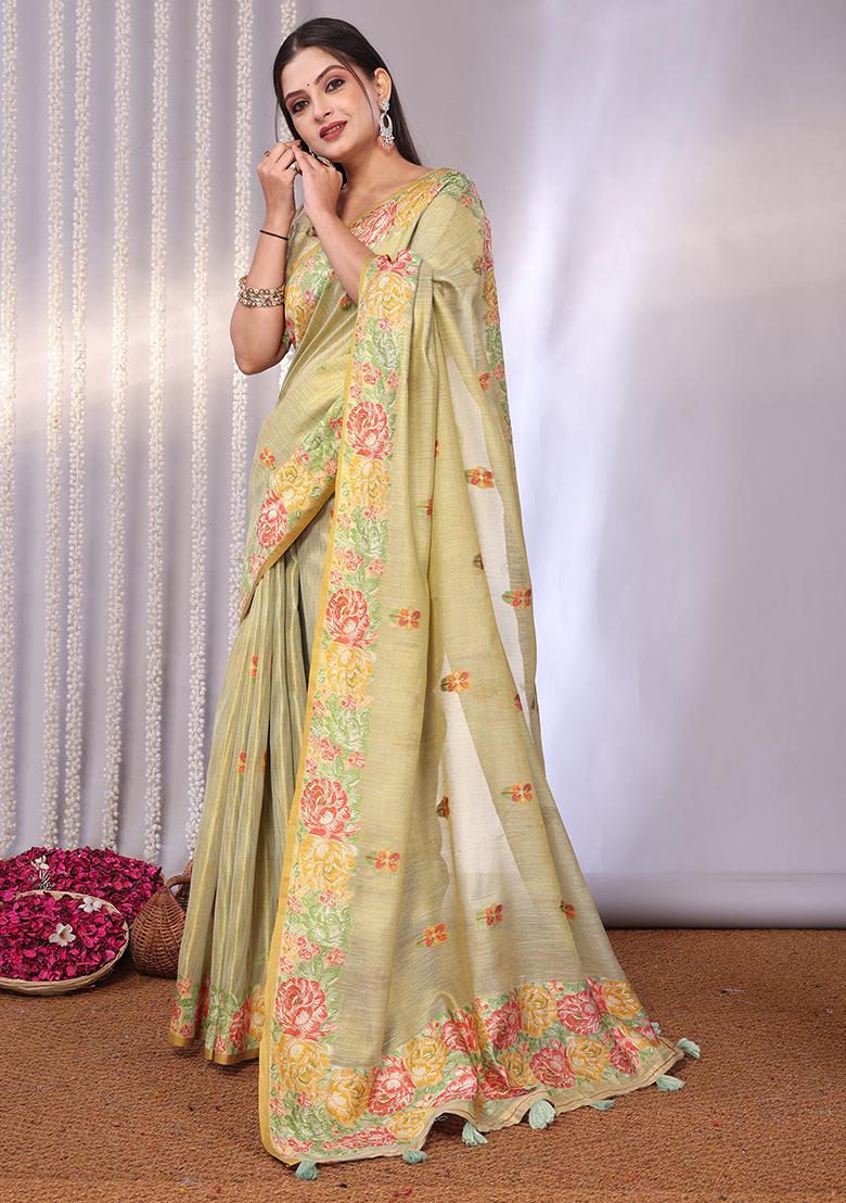 Cream Solid Tissue Saree Set