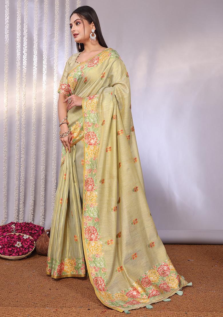Cream Solid Tissue Saree Set