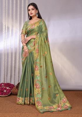 Green Solid Tissue Saree Set