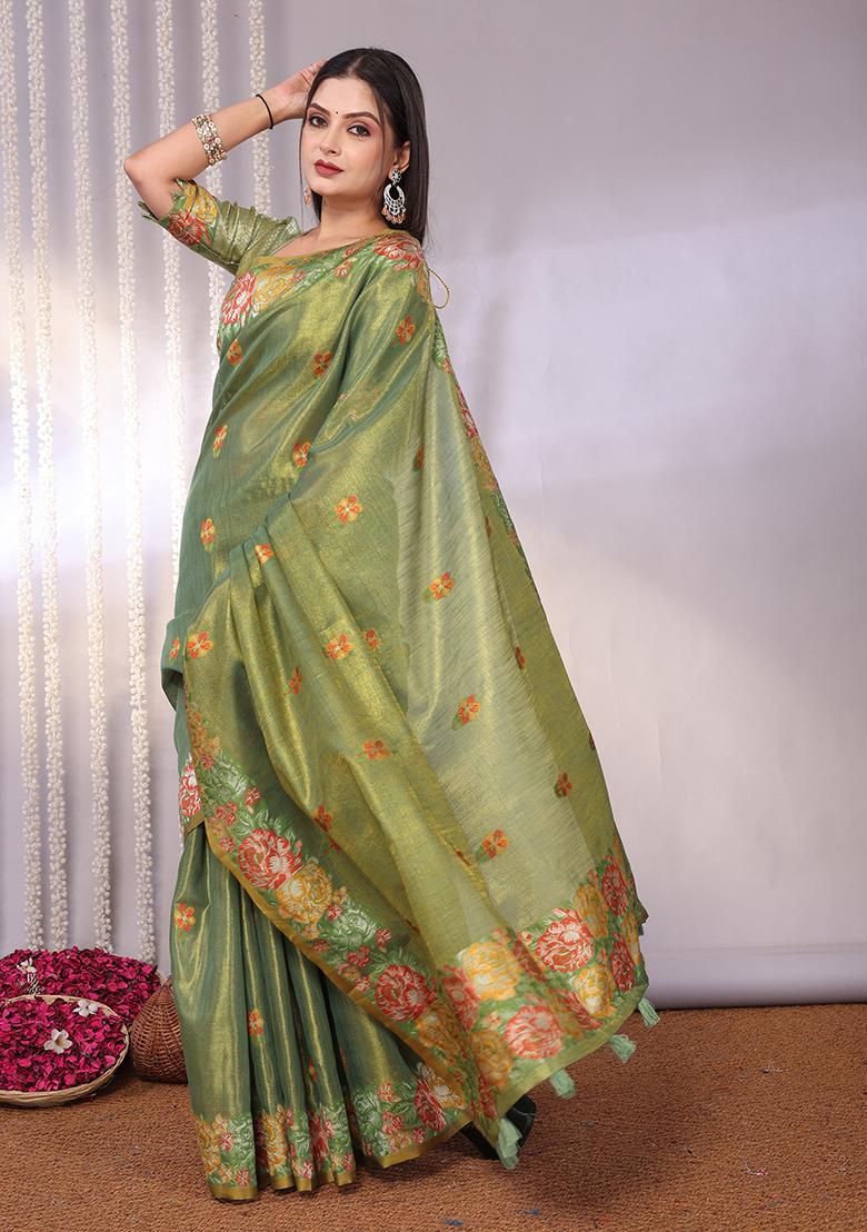 Green Solid Tissue Saree Set
