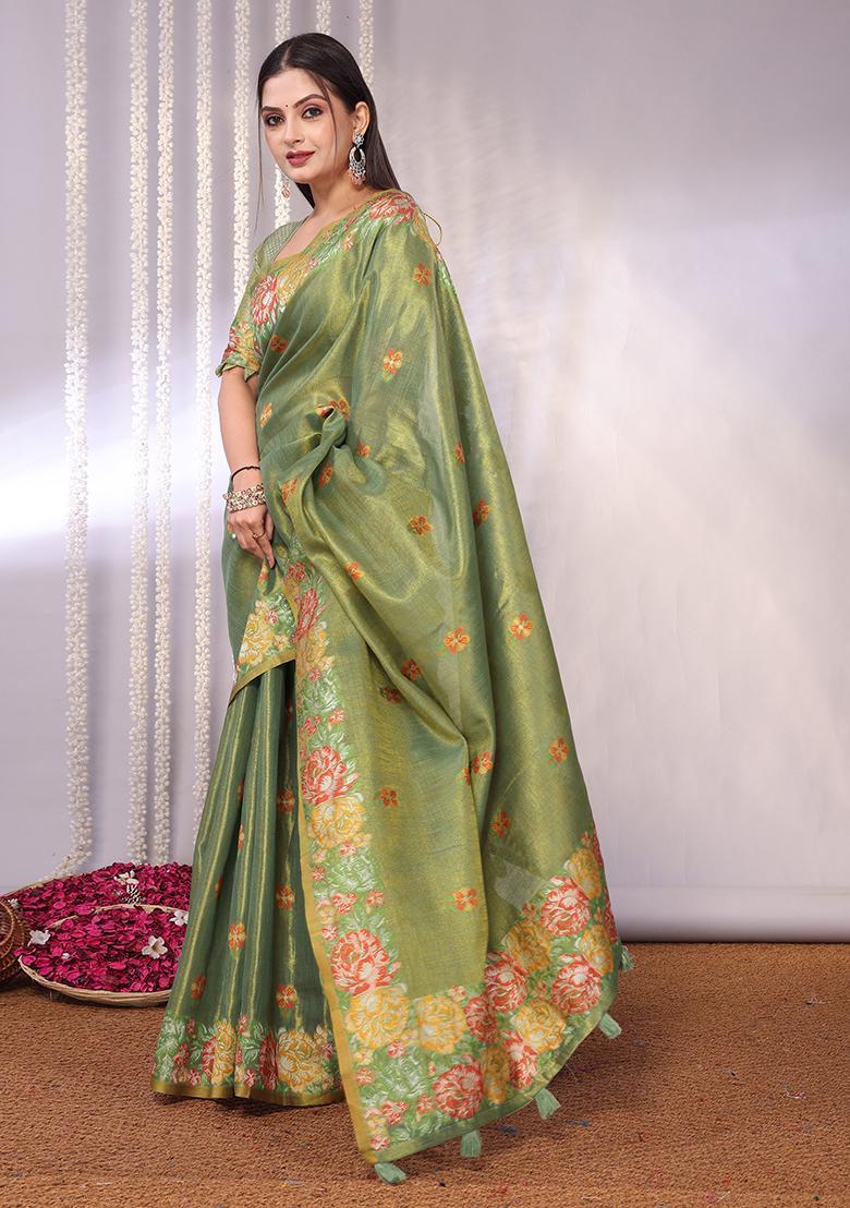 Green Solid Tissue Saree Set