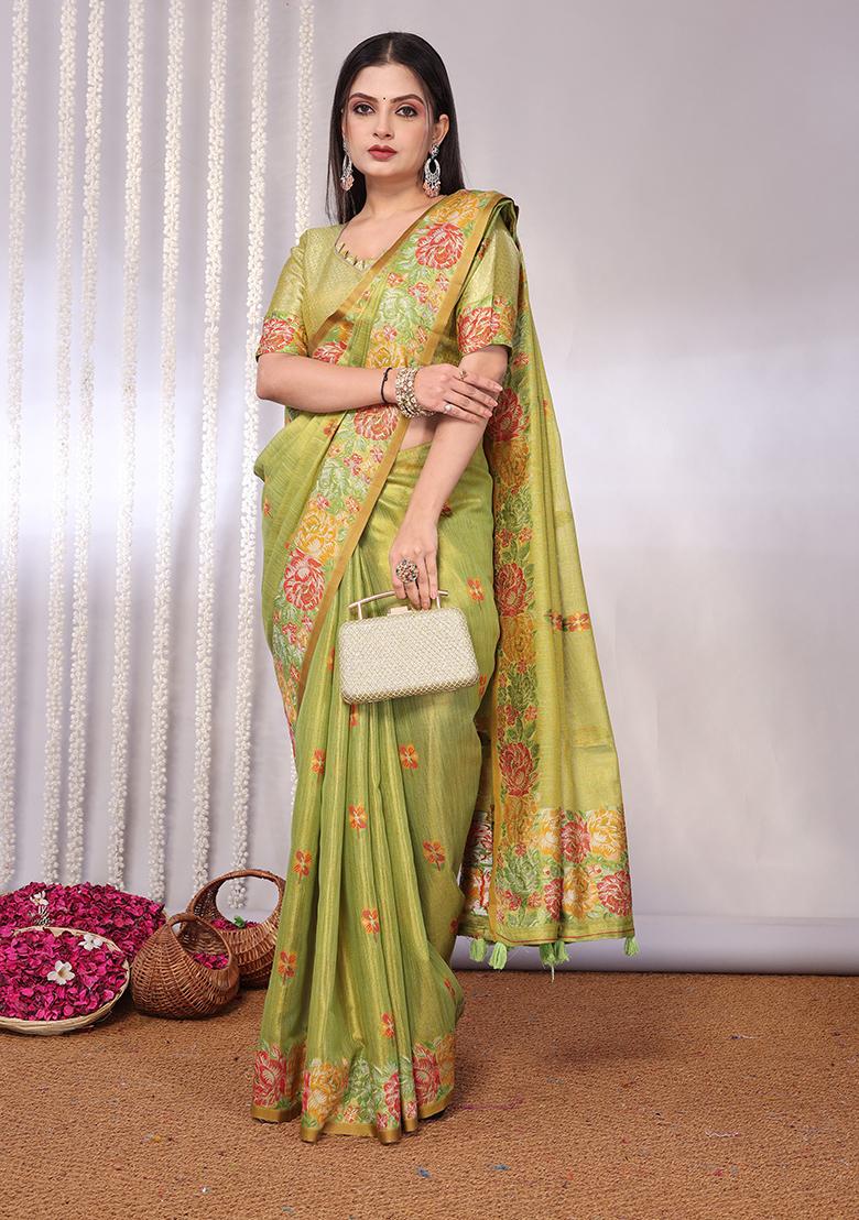 Green Solid Tissue Saree Set