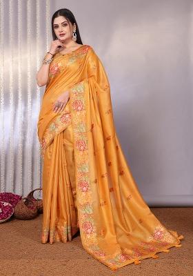 Yellow Solid Tissue Saree Set