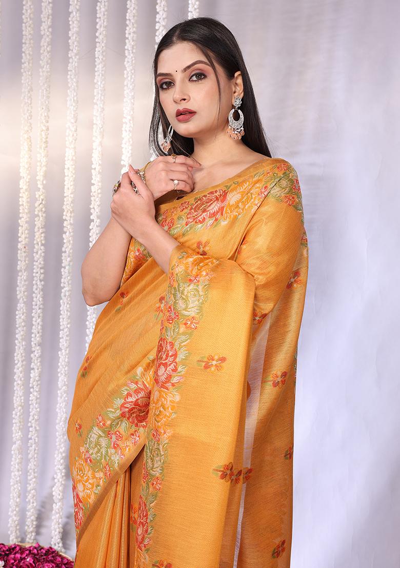 Yellow Solid Tissue Saree Set