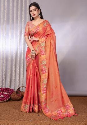 Peach Solid Tissue Saree Set