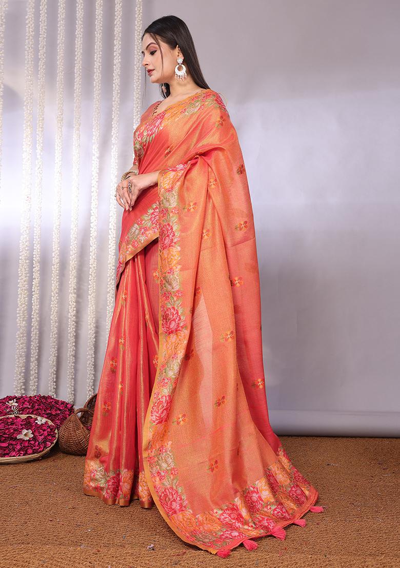 Peach Solid Tissue Saree Set