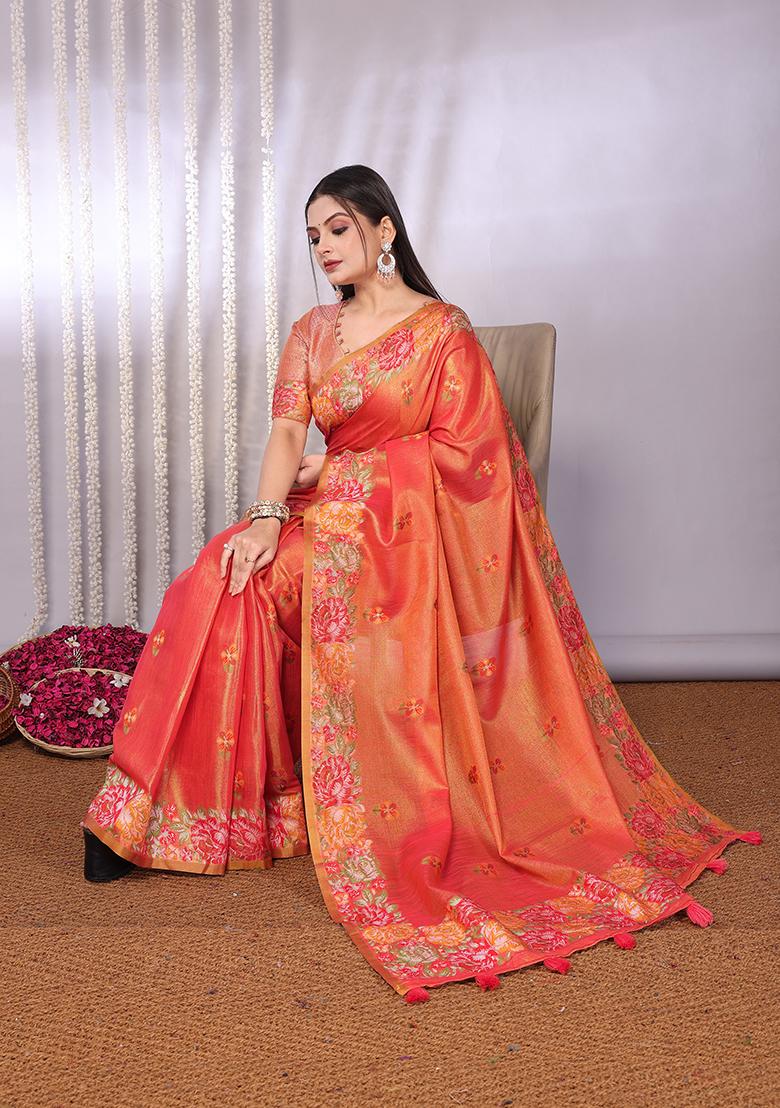 Peach Solid Tissue Saree Set
