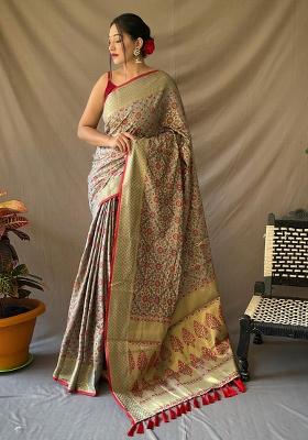 Grey Solid Silk Blend Saree Set