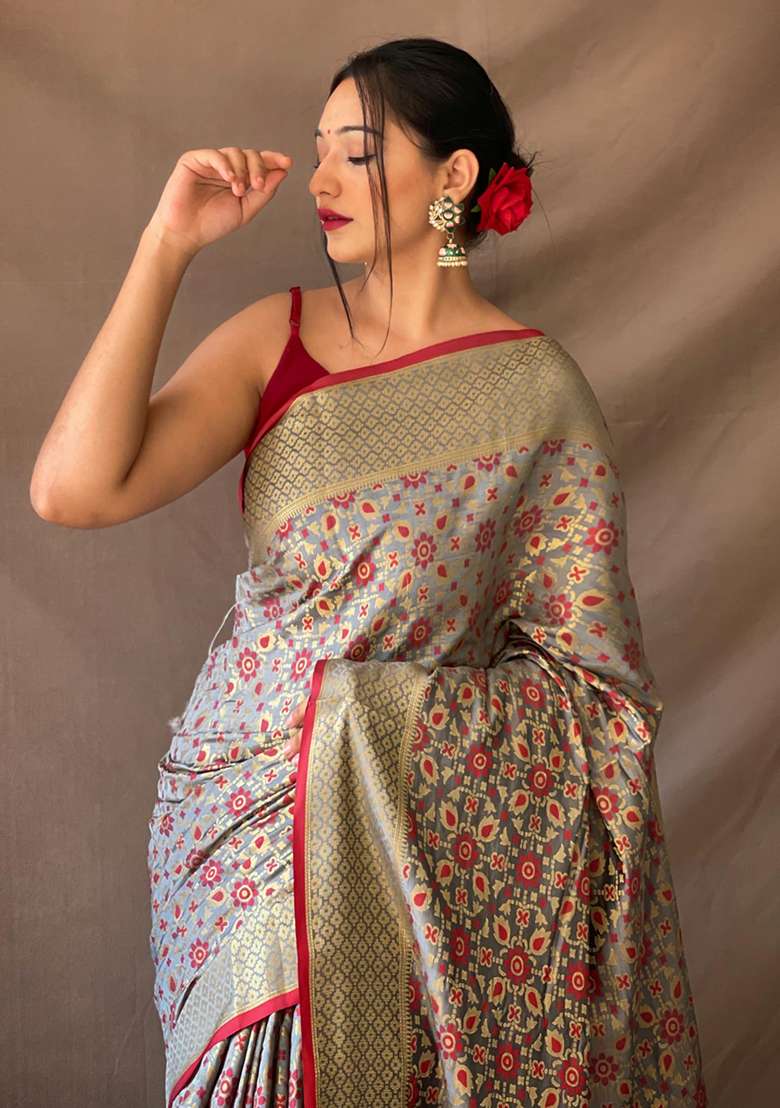 Grey Solid Silk Blend Saree Set for Diwali | Wedding & Festive Wear - Indya