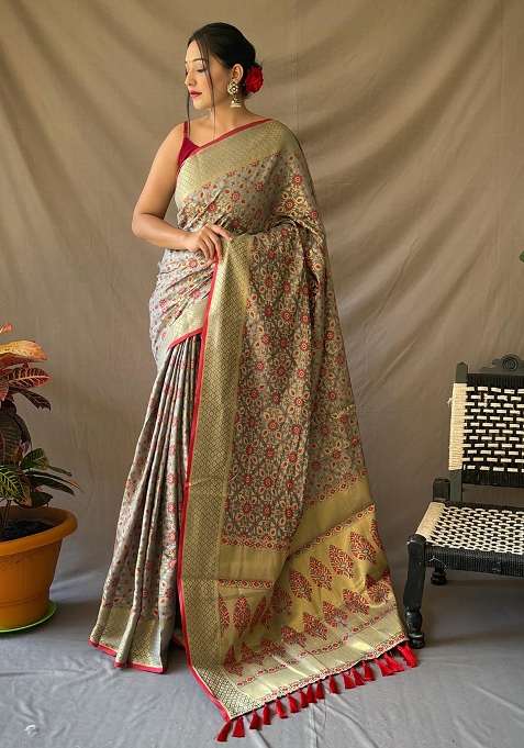 Grey Solid Silk Blend Saree Set for Diwali | Wedding & Festive Wear