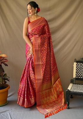 Pink Solid Silk Blend Saree Set