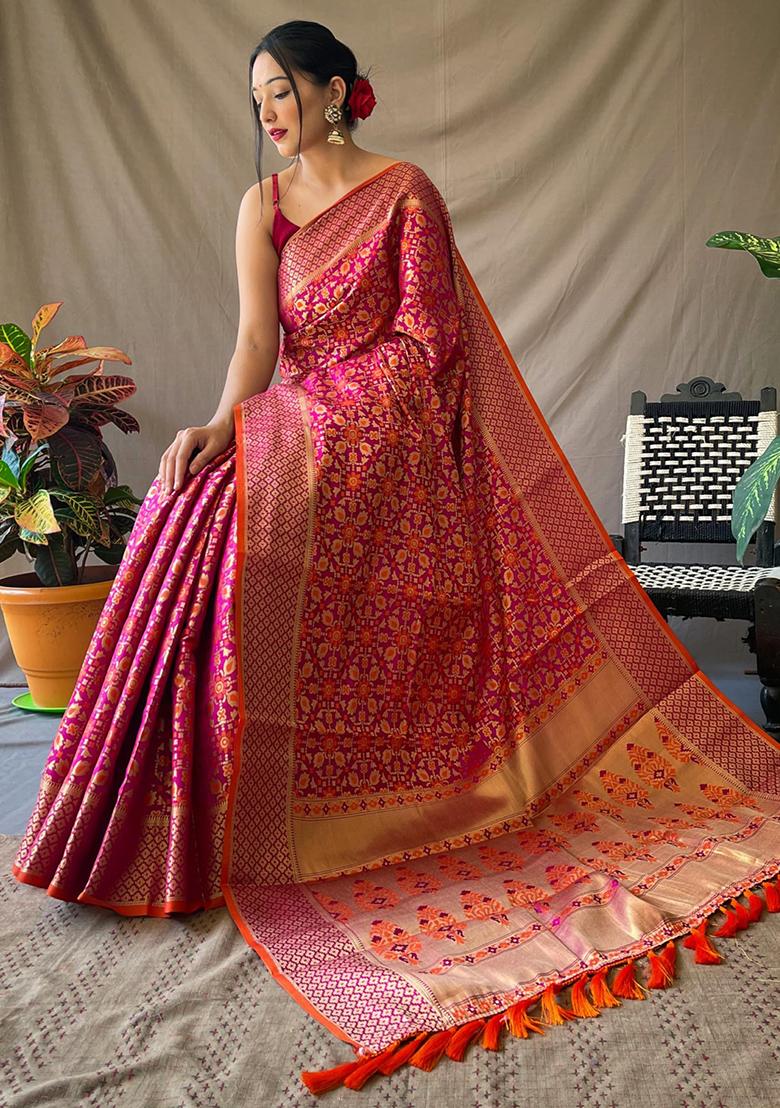 Pink Solid Silk Blend Saree Set